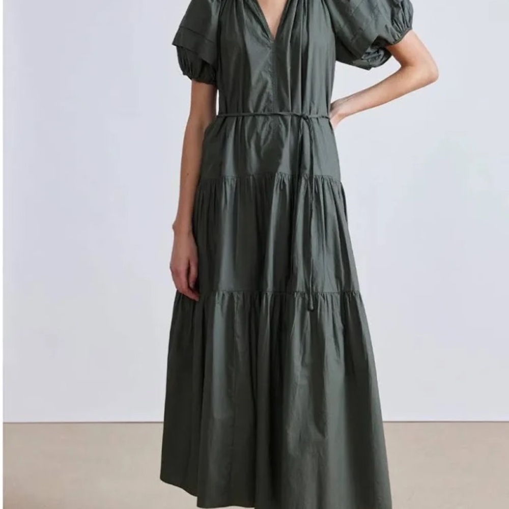 Apiece Apart Green Tiered Puff Sleeve Sundress